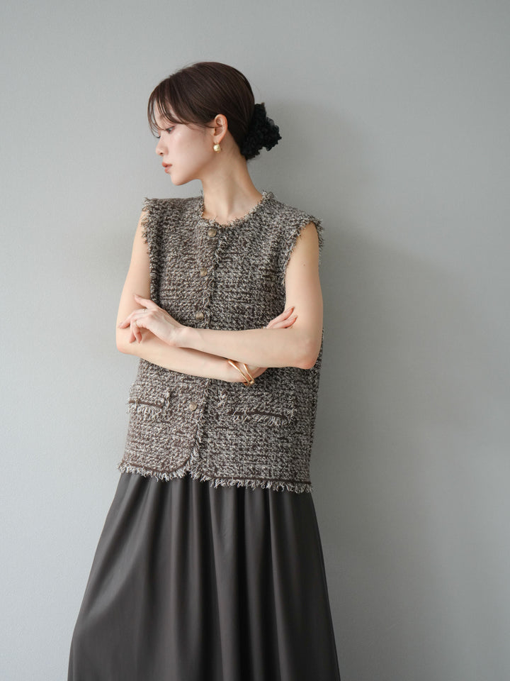 [予約]ミックスツイードフリンジニットベスト/ブラウン