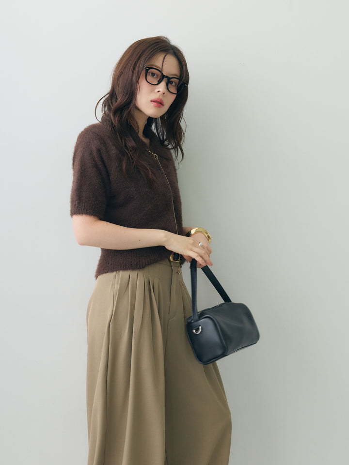 【套裝】毛絨針織 Polo 開襟衫 + 下擺紐扣收口繭型褲（兩件套）