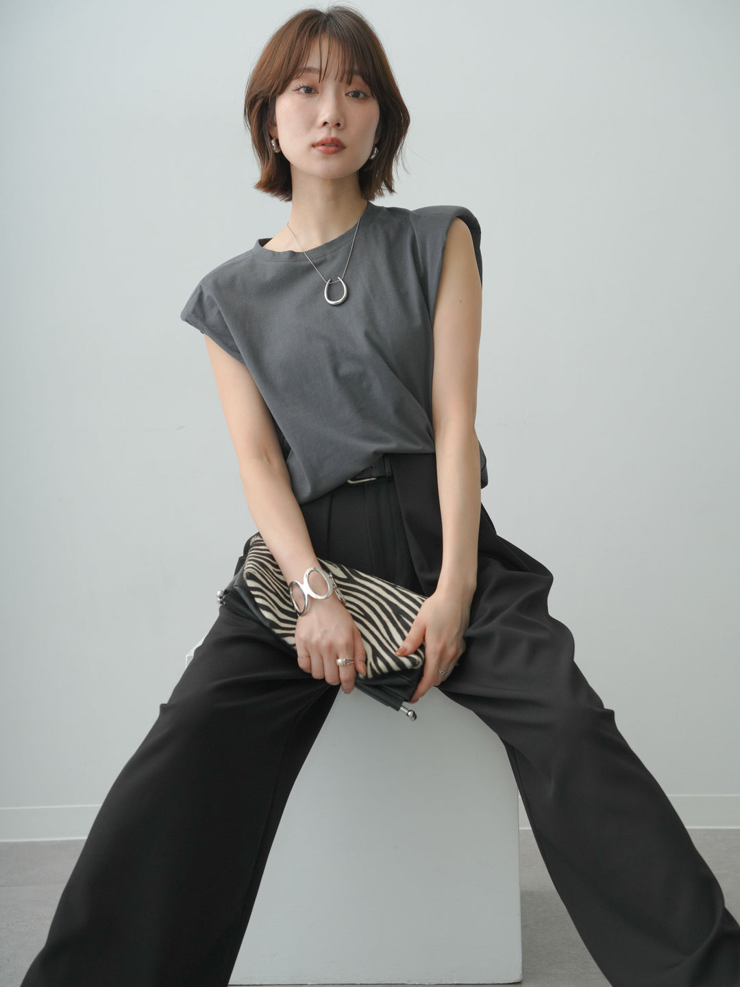 [SET]ショルダーパッドフレンチTEE+ベルトループデザインワイドパンツ(2set)