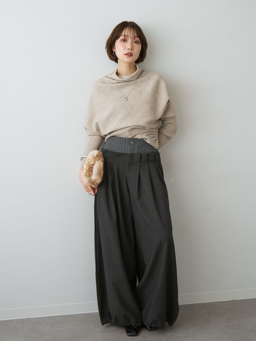 [SET]ハイネックサイドボタンギャザーニットトップス+ウエストデザインドロストワイドパンツ(2set)