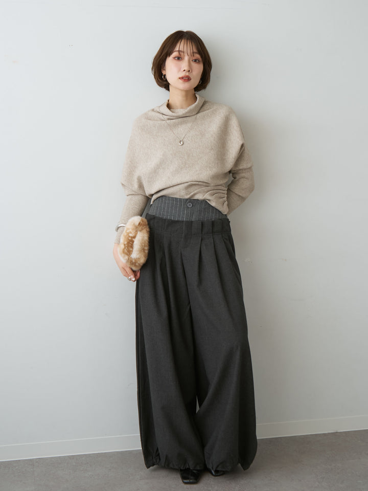 [SET]ハイネックサイドボタンギャザーニットトップス+ウエストデザインドロストワイドパンツ(2set)