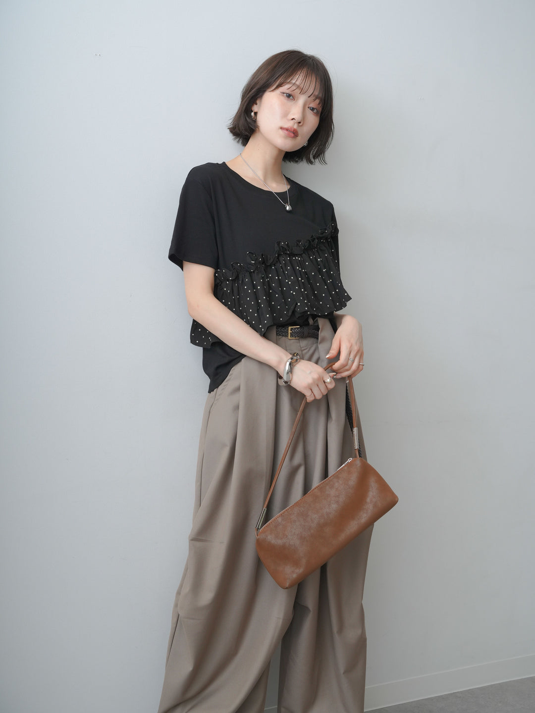 [SET]ドットギャザーフリルデザインTEE+選べるアクセセット(2set)