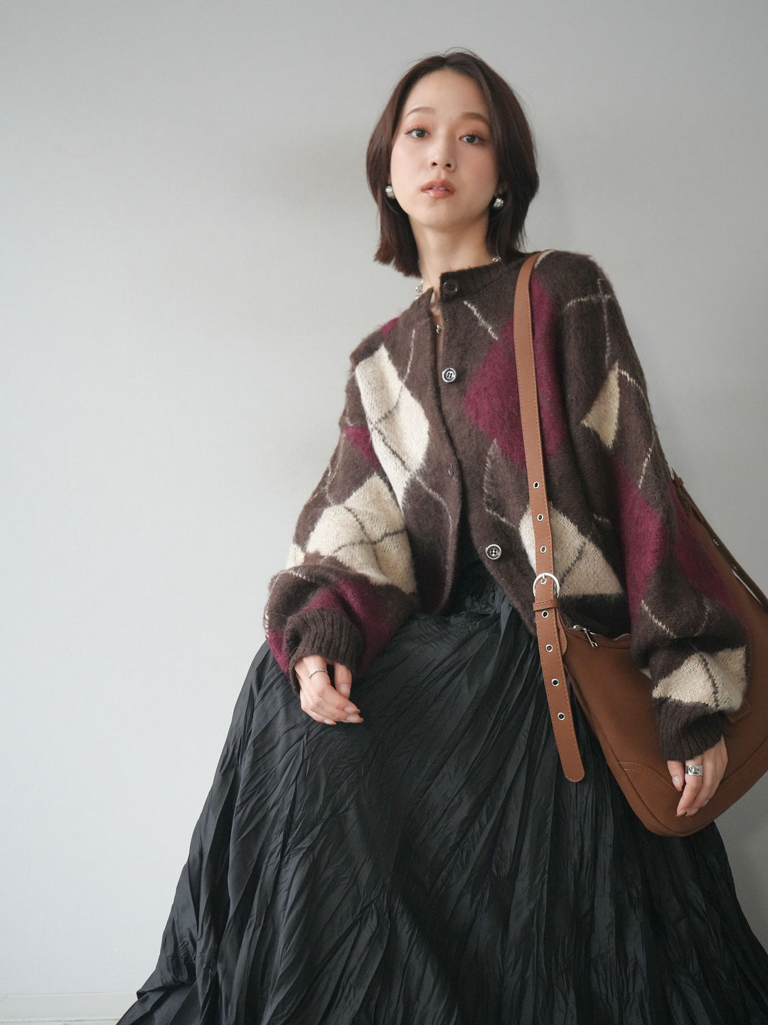 [予約]モヘアタッチアーガイルニットカーディガン/brown