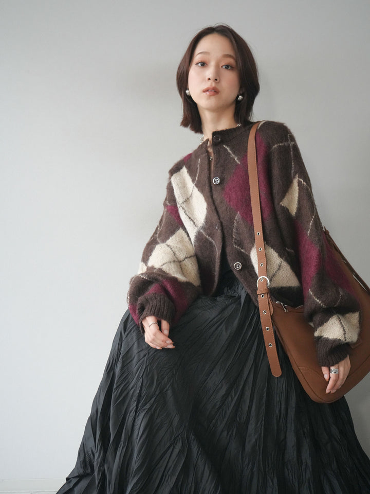 [予約]モヘアタッチアーガイルニットカーディガン/brown