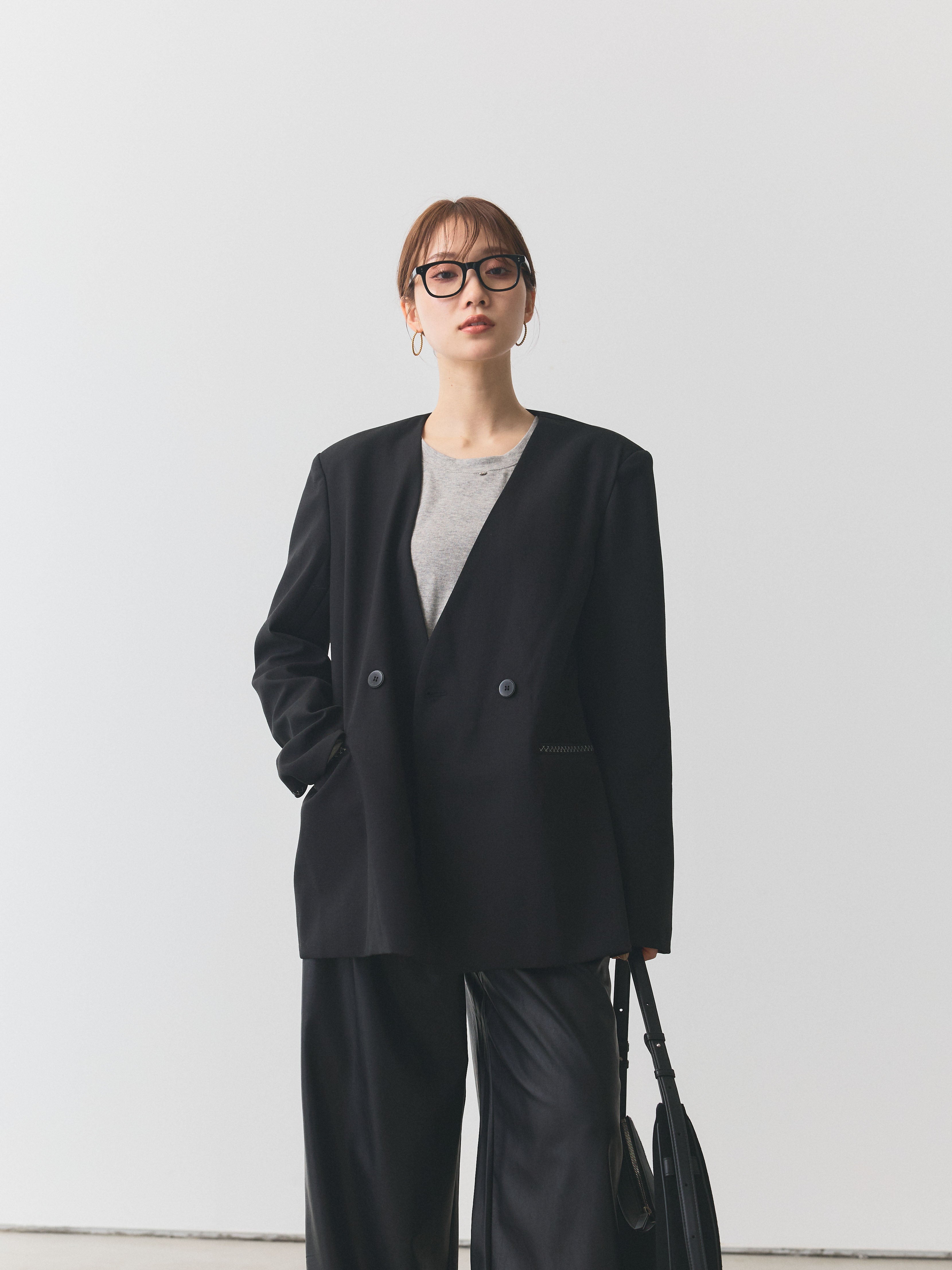 予約]ノーカラーステッチデザインジャケット/グレー – Lumier