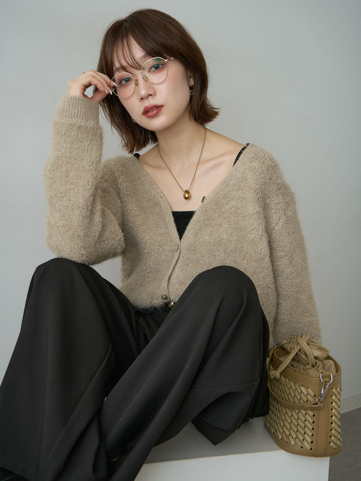 [SET]ブークレクロップニットカーディガン+ベルトループデザインワイドパンツ(2set)
