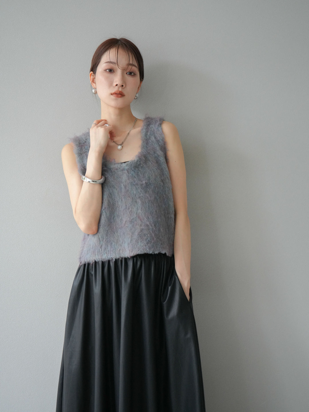 [予約]ミックスシャギーUネックベスト/グリーン