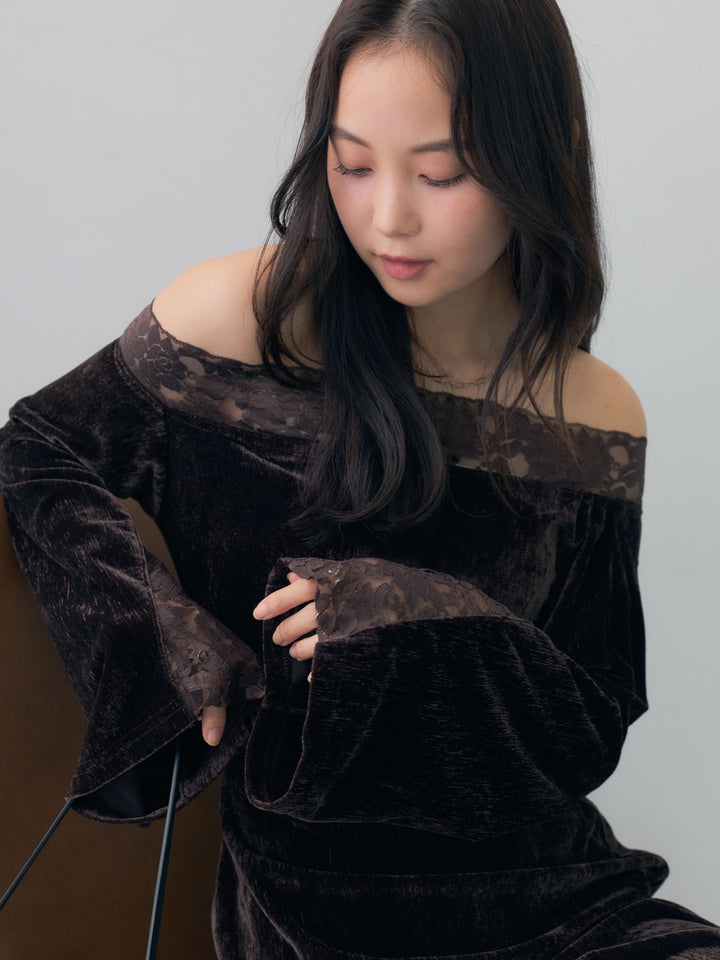 [予約]ベロアレースドッキングオフショルワンピース/brown