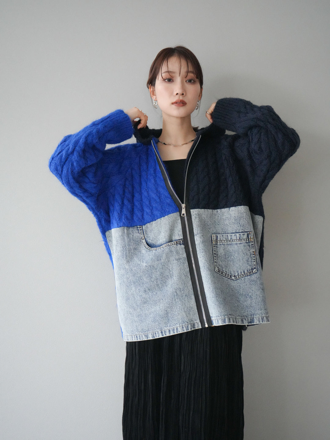 [予約]デニム×バイカラーニットZIPフーディ/blue