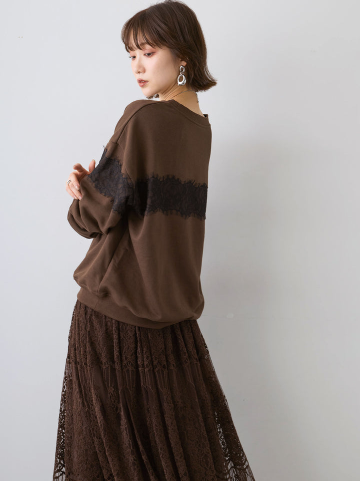 [予約]裏毛レースドッキングプルオーバー/brown