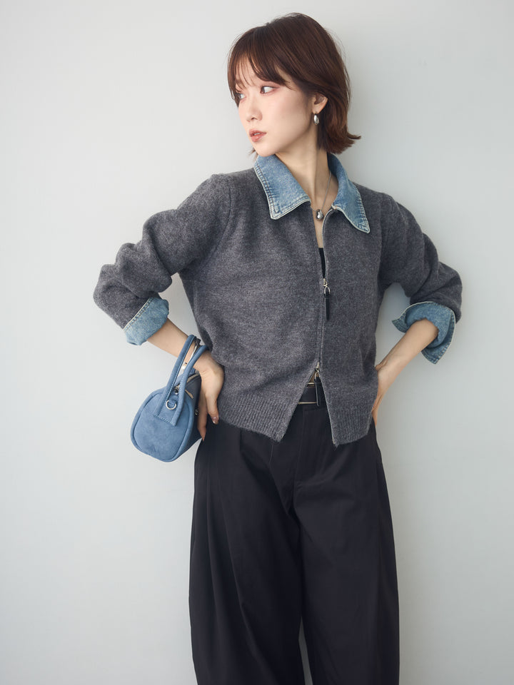 [SET]デニム襟ジップカーディガン+選べるアクセセット(2set)
