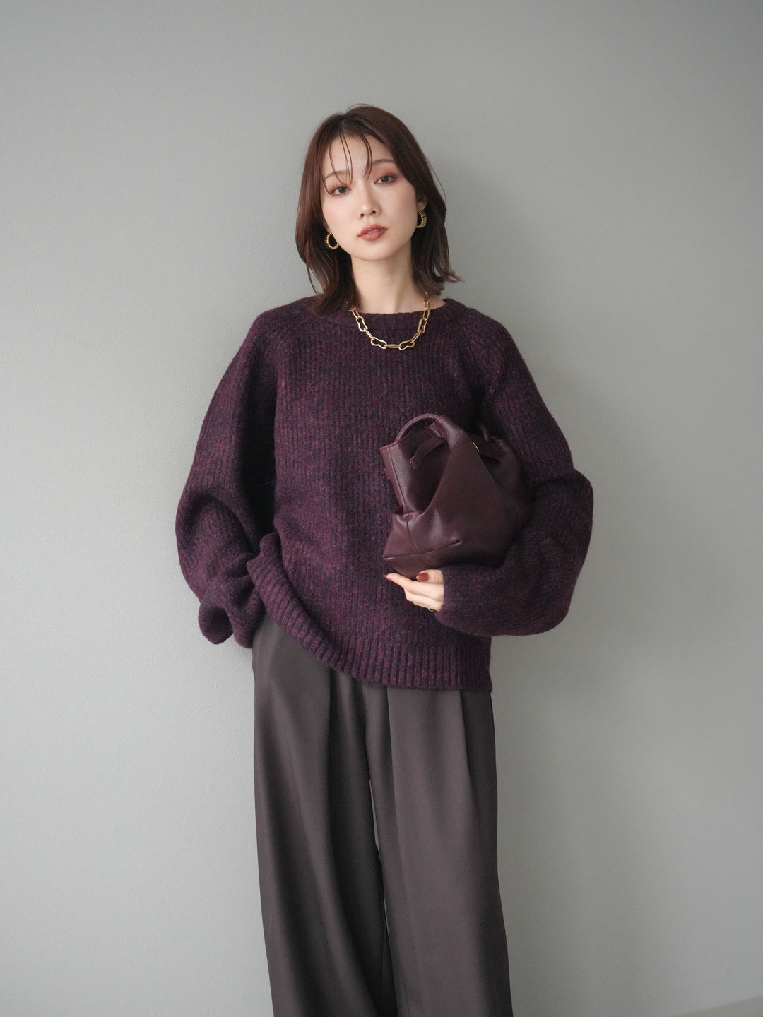 [予約]クルーネック畦編みミックスニット/bordeaux