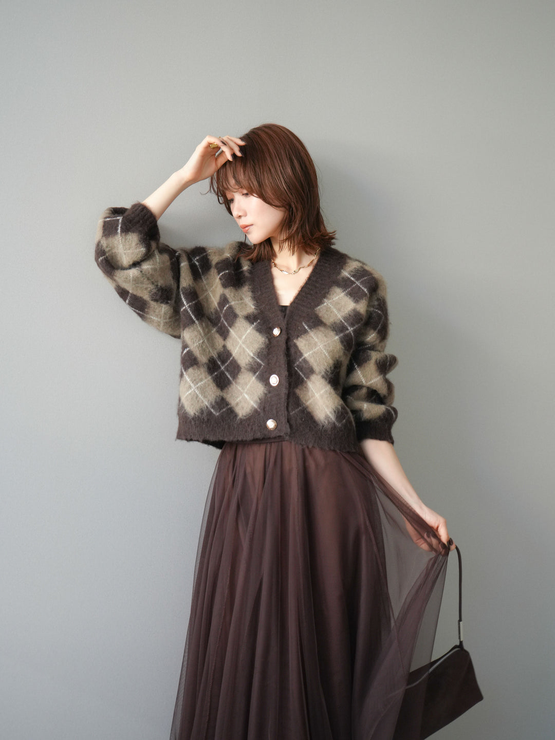 [予約]アーガイルシャギーニットカーディガン/brown