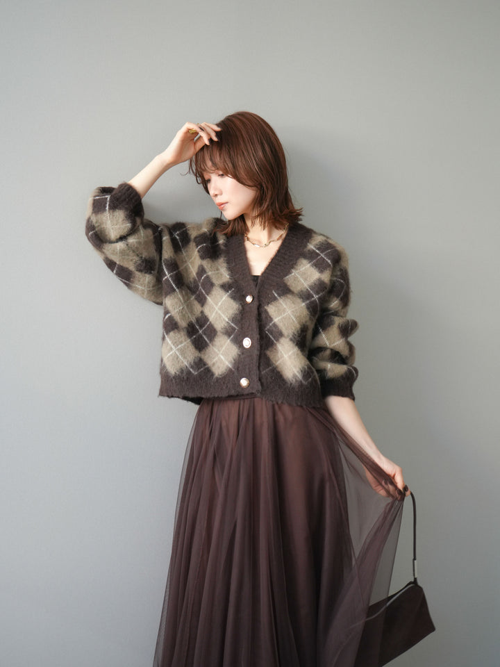 [予約]アーガイルシャギーニットカーディガン/brown