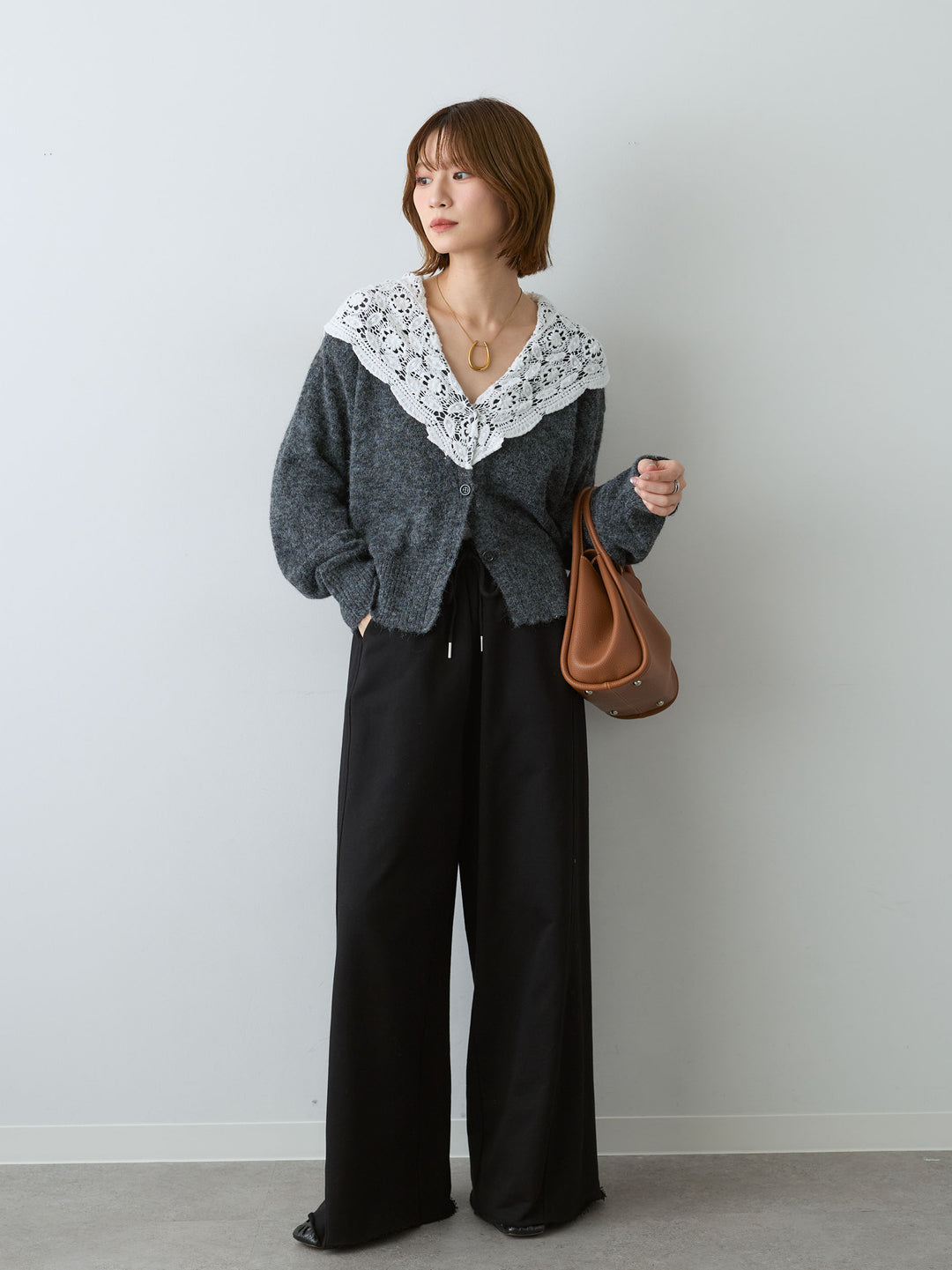 [SET]モヘアレースショールカラーカーディガン+カットオフスウェットワイドパンツ(2set)