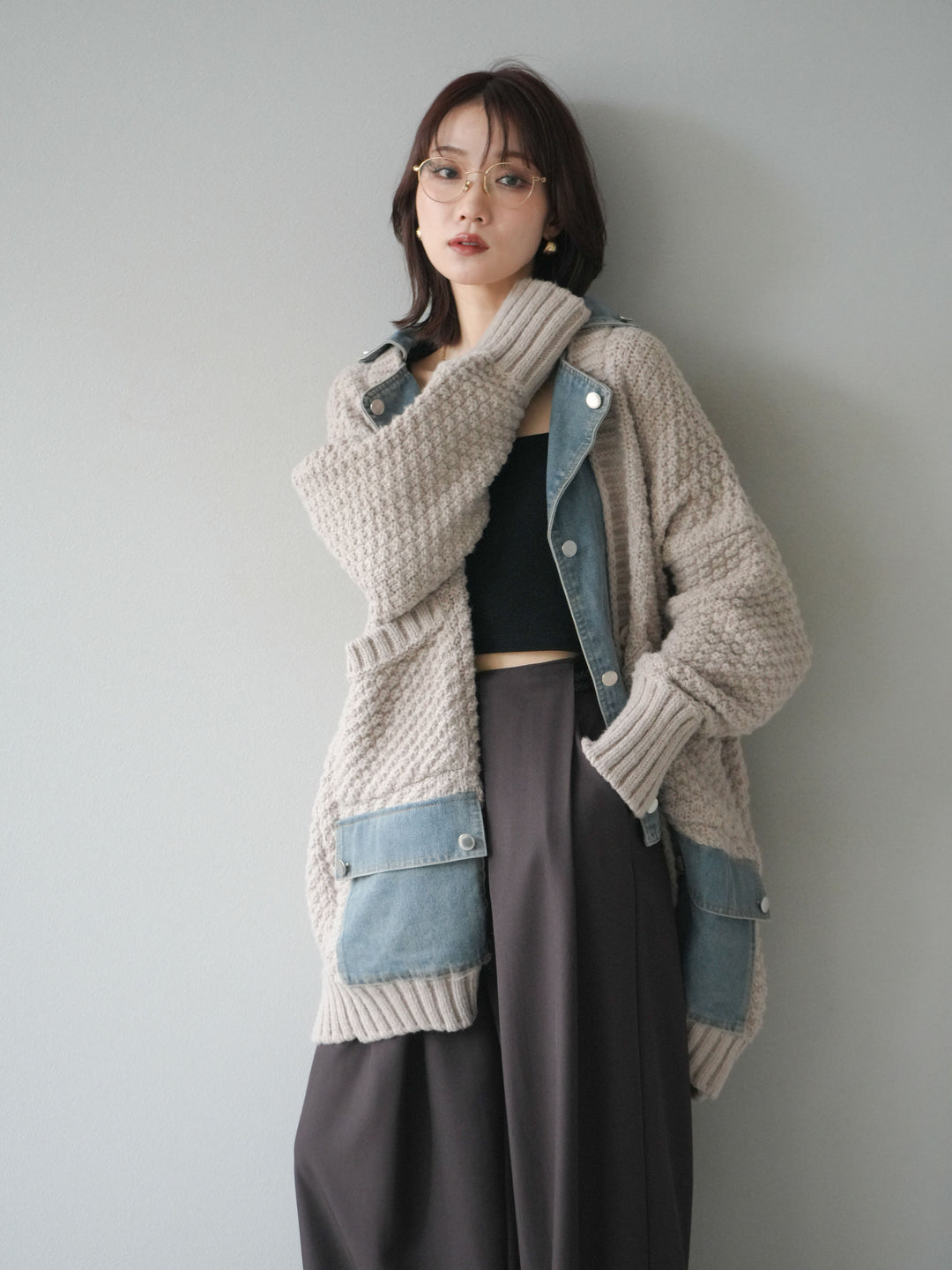 [SET]デニム襟レイヤードニットジャケット+デニム襟レイヤードニットジャケット(2set)