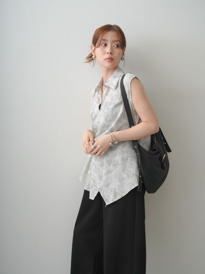 【套裝】不對稱褶襉無袖上衣 + 寬鬆垂墜運動褲（兩件式）