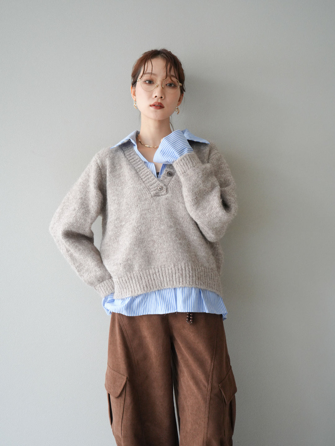 [予約]ストライプシャツドッキングMIXヤーンニットプルオーバー/beige