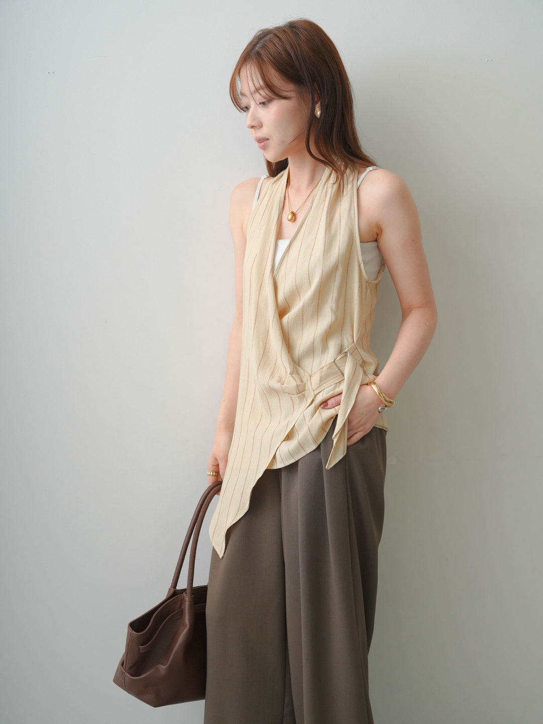 [SET]ストライプカシュクールジレ+クレープデシンタックワイドパンツ(2set)