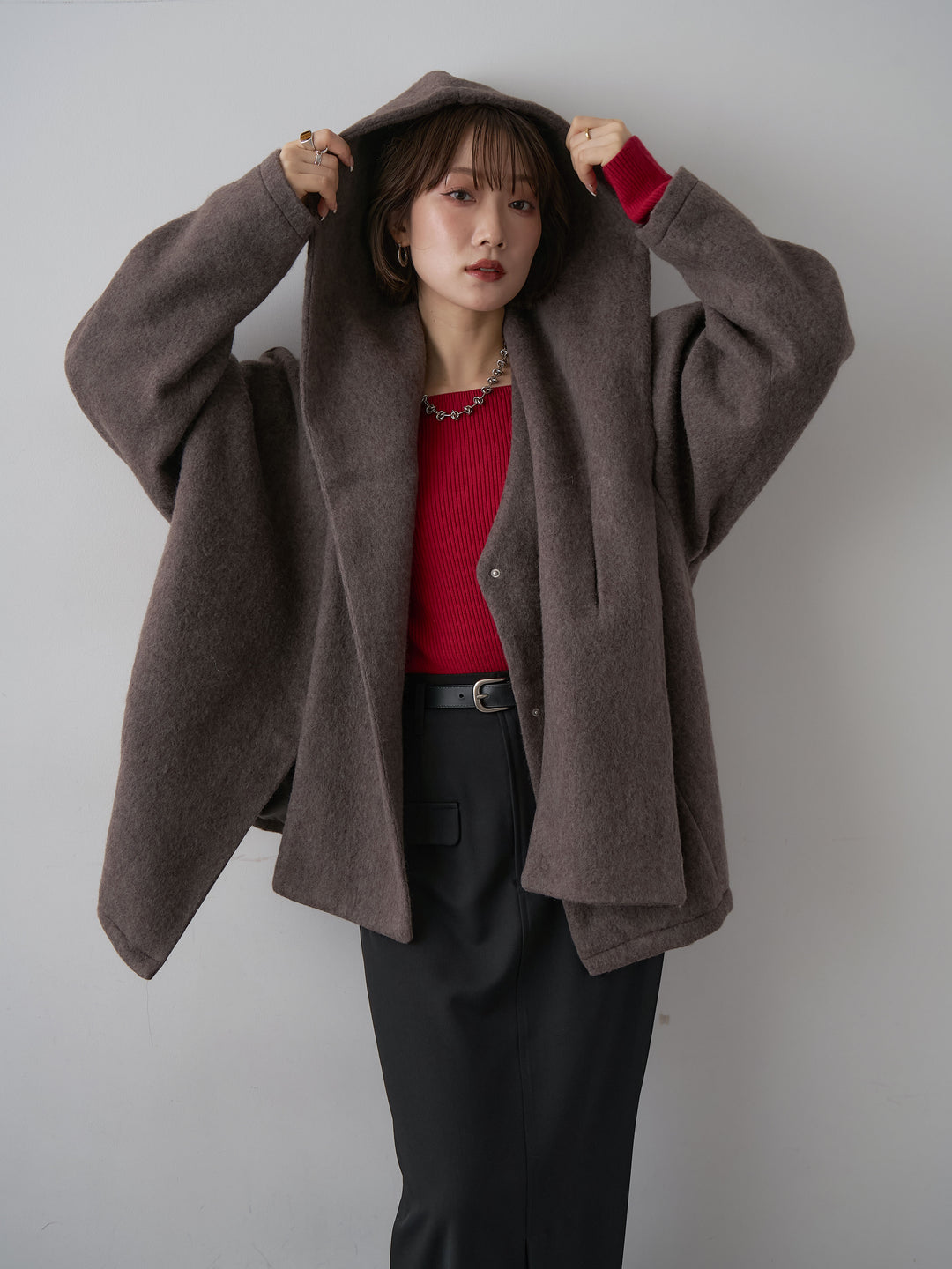 [SET]フードマフ付メランジコート+クレープデシンフラップ付きストレートスカート(2set)