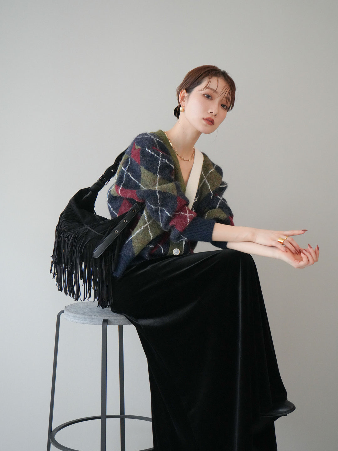 [予約]配色アーガイル柄ニットカーディガン/green