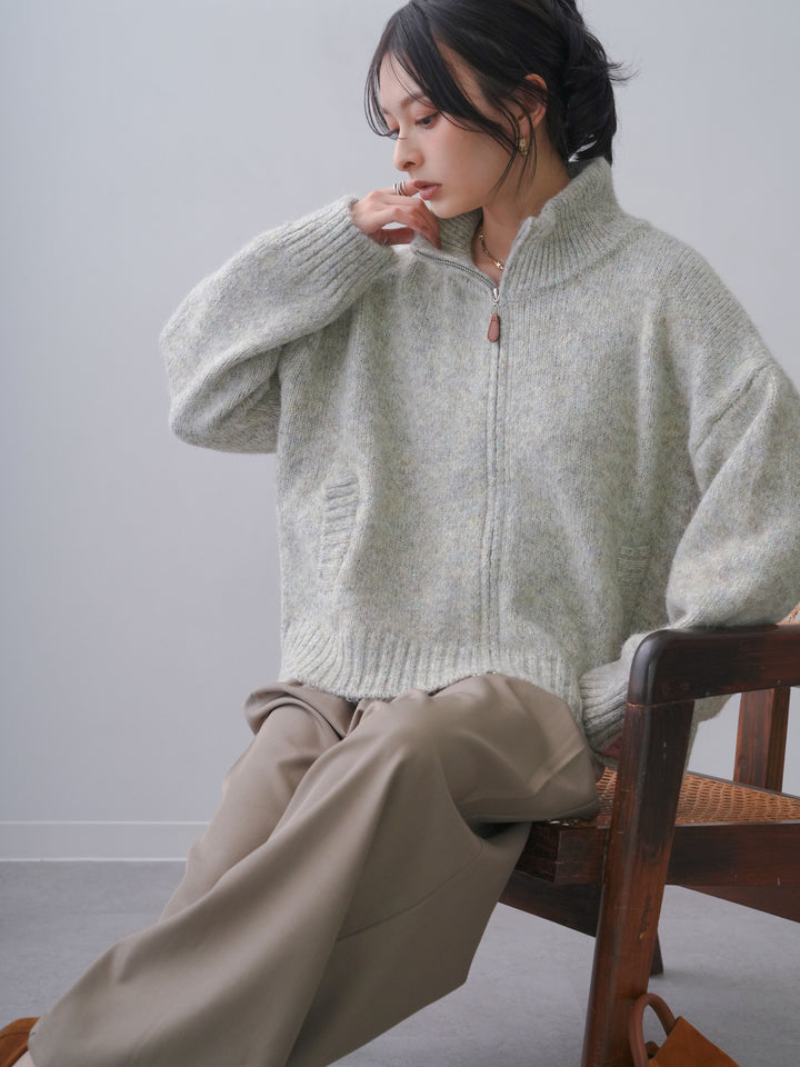 [SET]メランジダブルジップニットブルゾン+カップ付テレコリブベアキャミソール+ツイルタックワイドパンツ(3set)