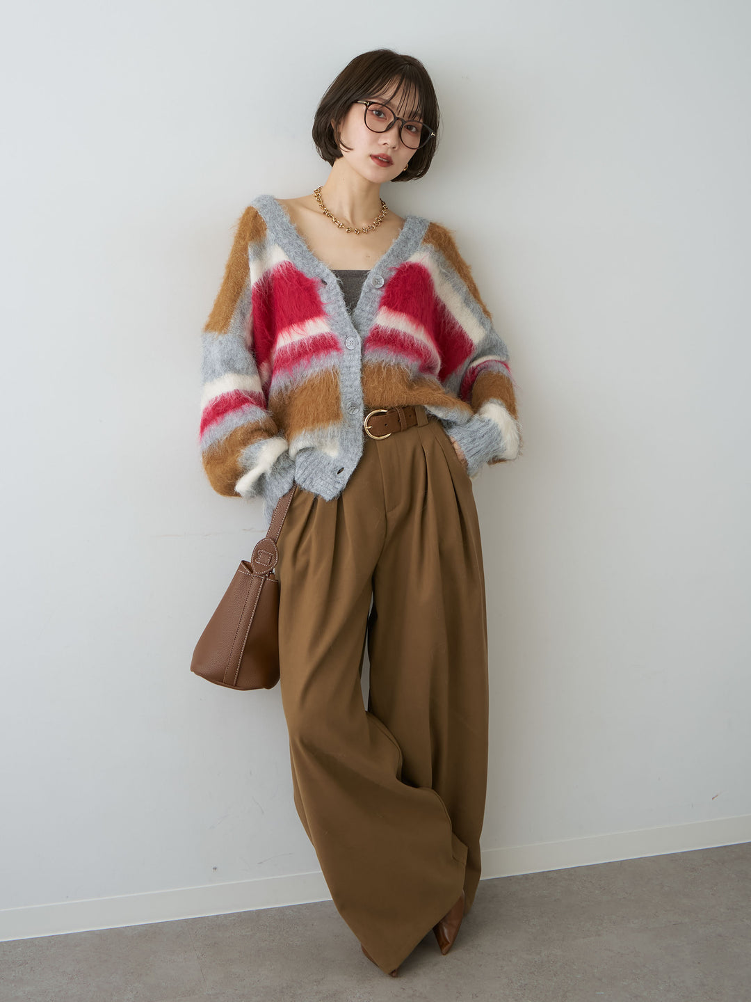 [SET]カラフルシャギーボーダーカーディガン+ダブルタックドレープストレートワイドパンツ(2set)