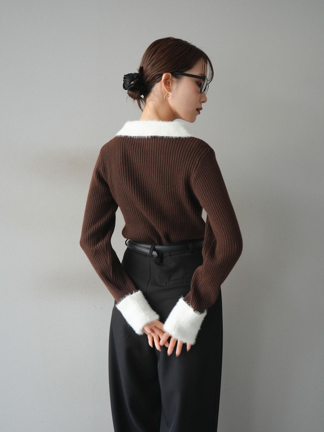 [SET]シャギー襟リブニットトップス+ベルトループデザインワイドパンツ(2set)