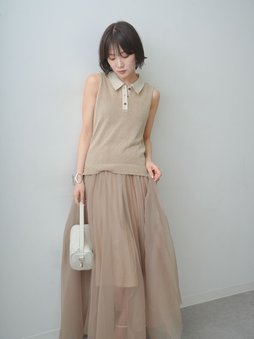 [予約]ポロカラーシアーノースリニットトップス/beige