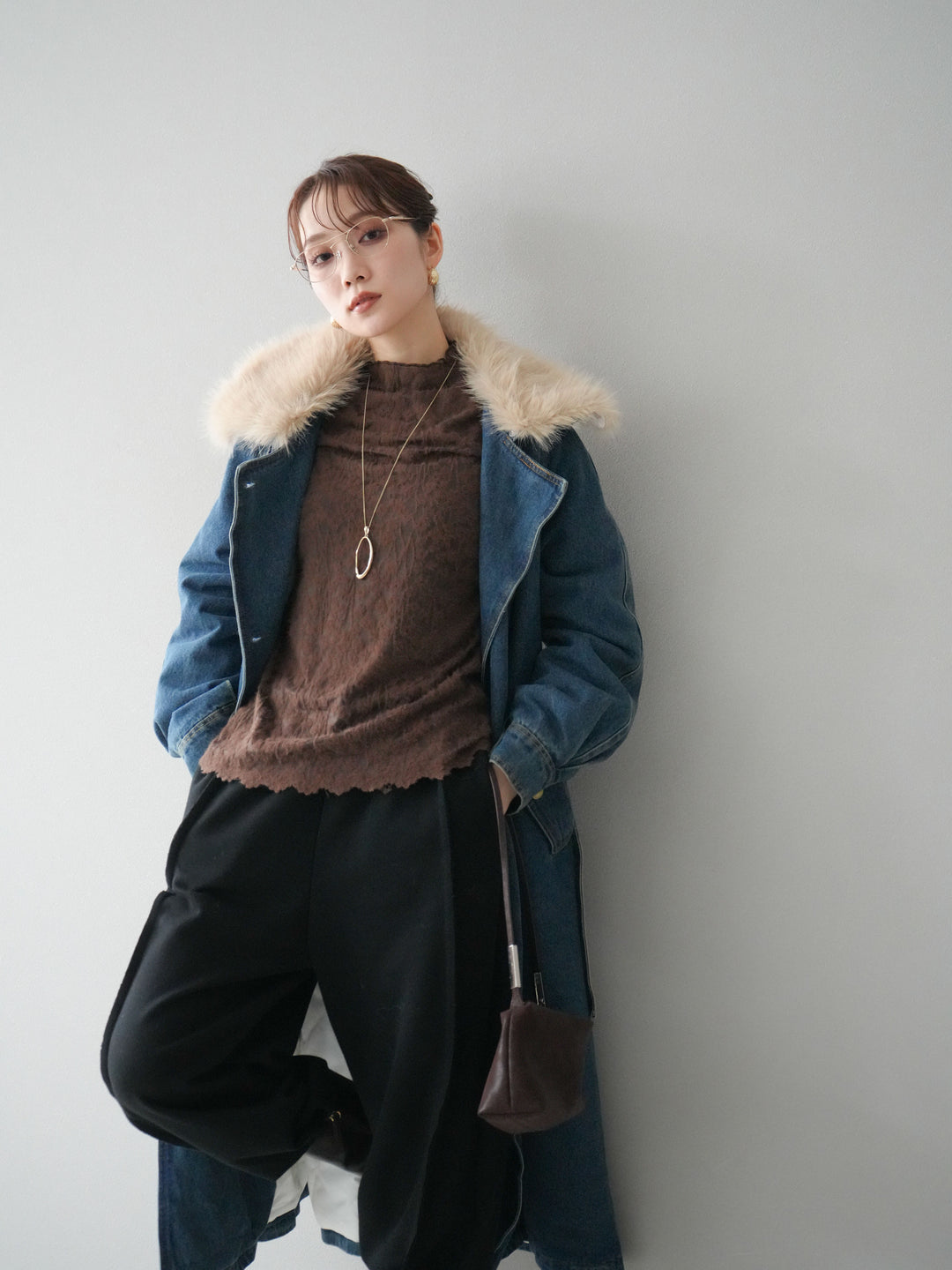 [予約]ファー襟デニムロングコート/blue