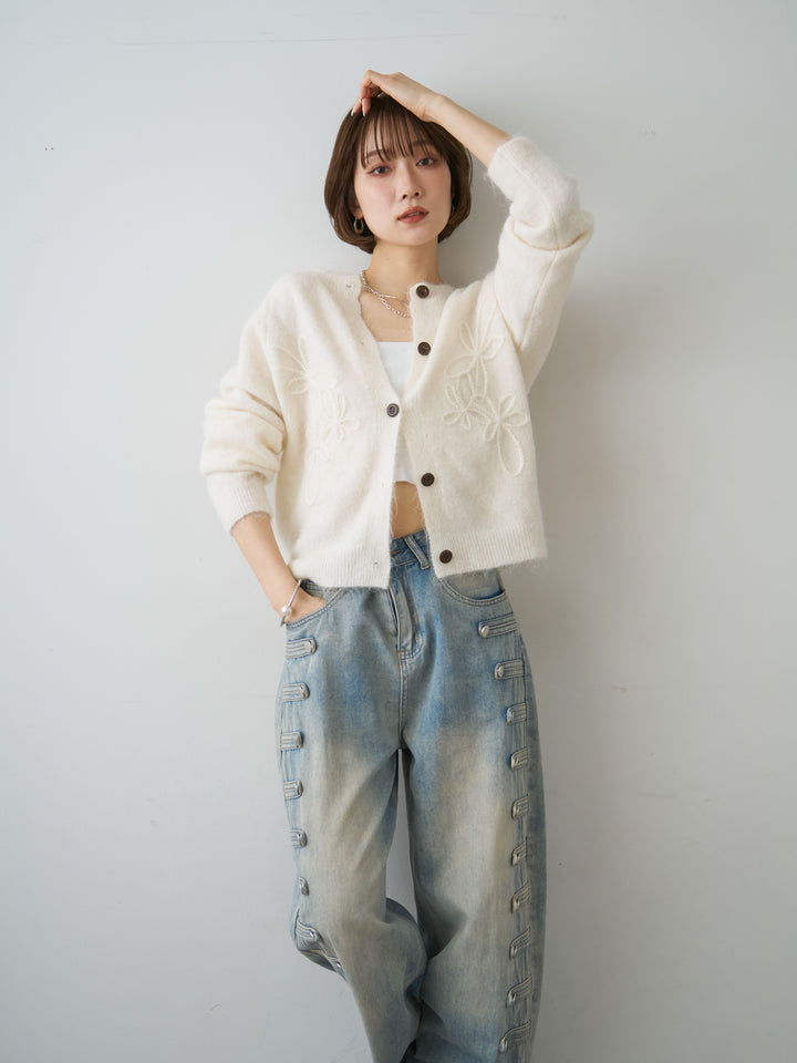 【套裝】花卉刺繡開襟衫+方波紋一觸式手鐲（兩件組）