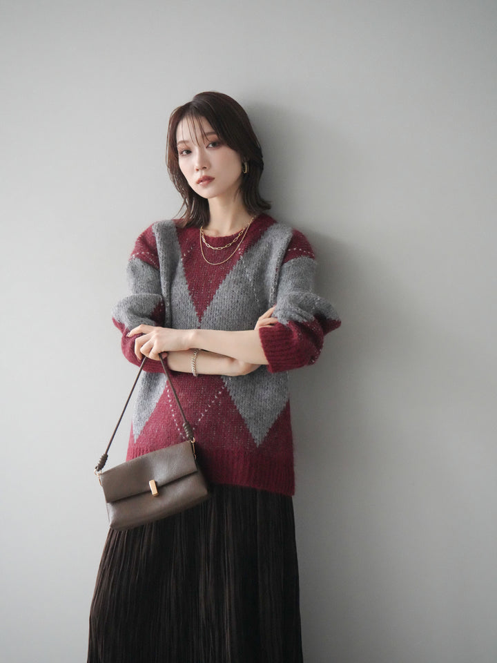 [予約]アーガイルオーバーニットプルオーバー/bordeaux