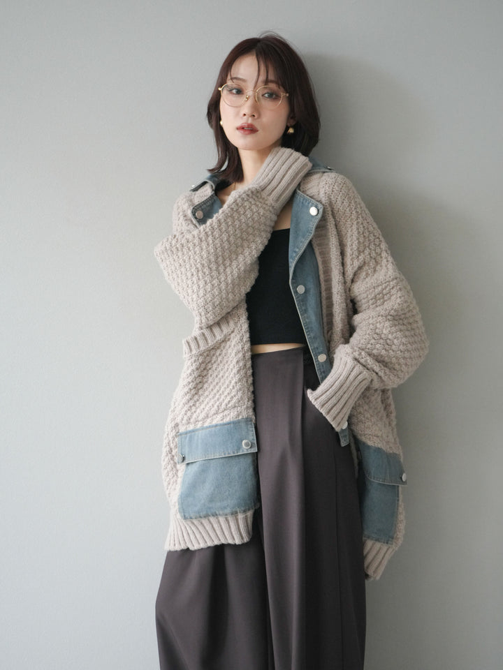 [SET]デニム襟レイヤードニットジャケット+ベルトループデザインワイドパンツ(2set)