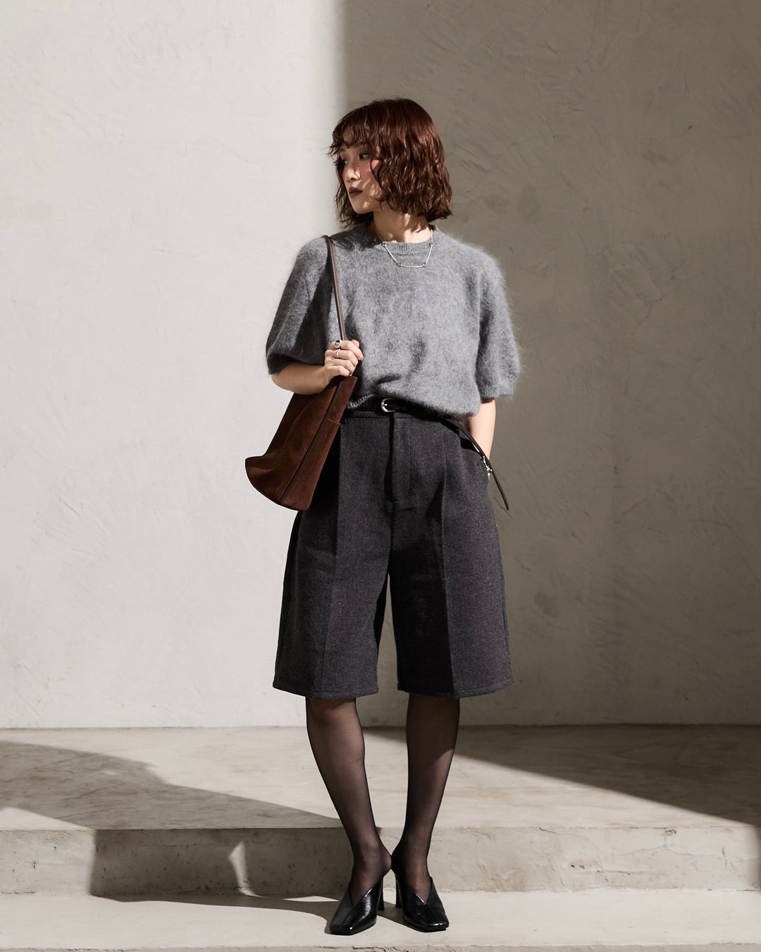 【預購】羊毛絨短款針織T卹 / 灰色