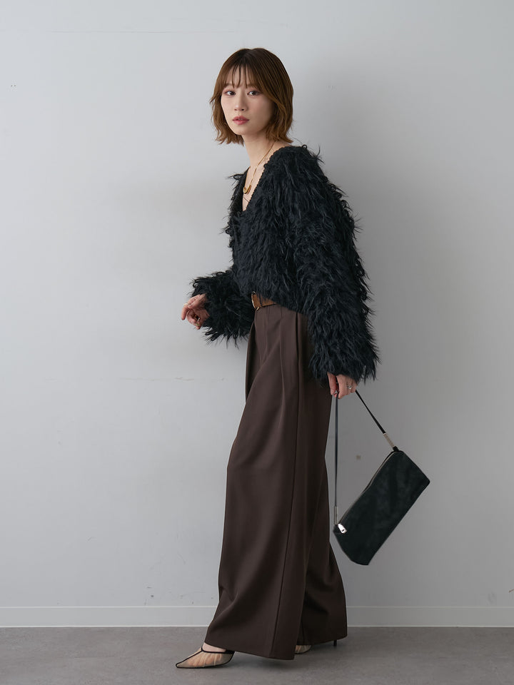[SET]ループフェザークロップニットカーディガン+ツイルタックワイドパンツ(2set)