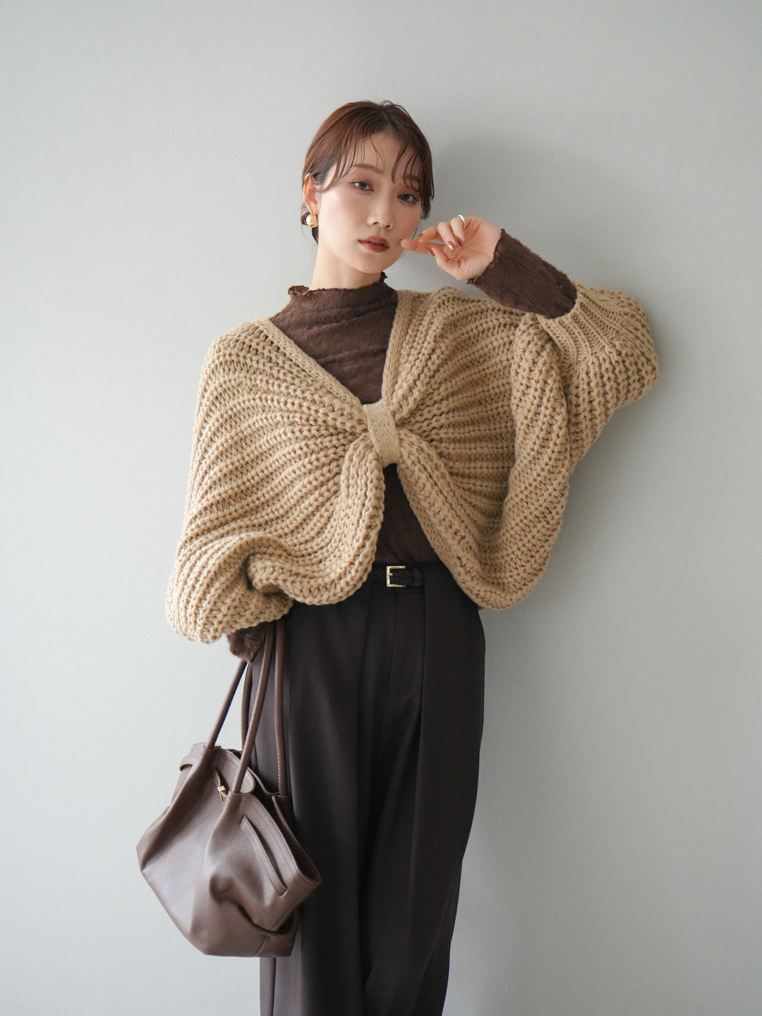 [SET]ローゲージ畦編みドルマンニットボレロ+起毛レースプチネックトップス+ベルトループデザインワイドパンツM(3set)