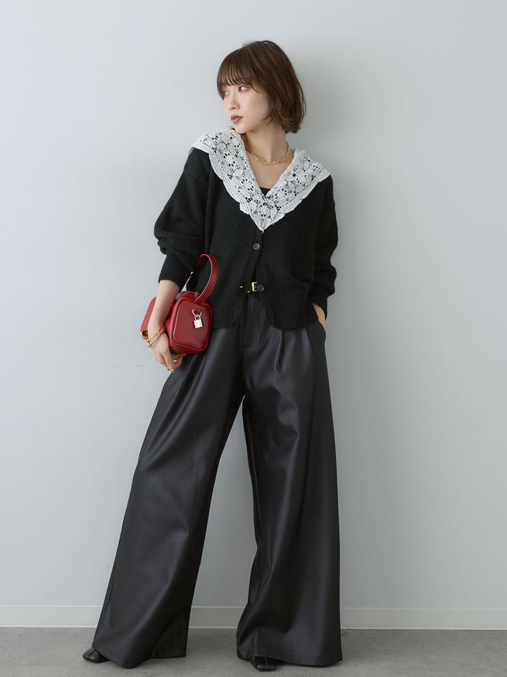 [SET]モヘアレースショールカラーカーディガン+サテンタックワイドパンツ(2set)