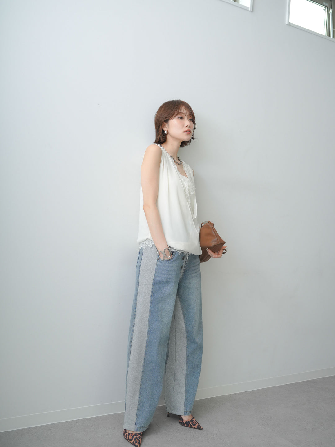 [SET]レースレイヤードカシュクールノースリブラウス+デニム切替スウェットパンツ(2set)