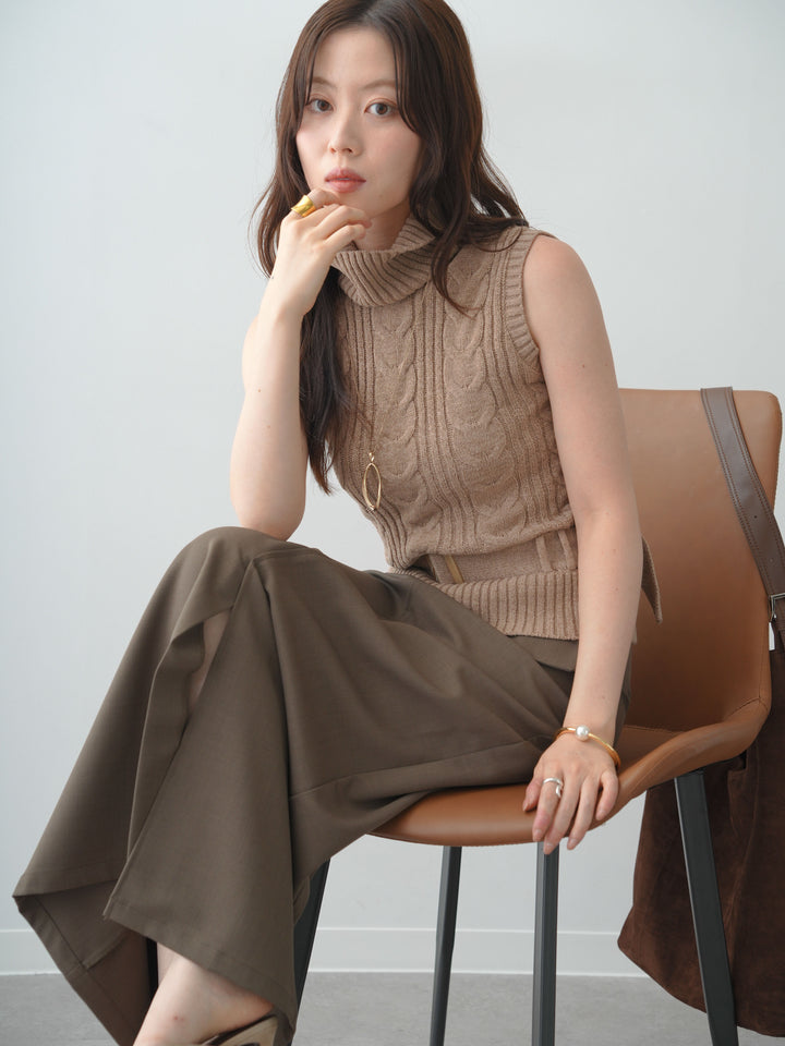 [SET]ベルト付ケーブルノースリニットトップス+クレープデシンフラップ付きストレートスカート(2set)
