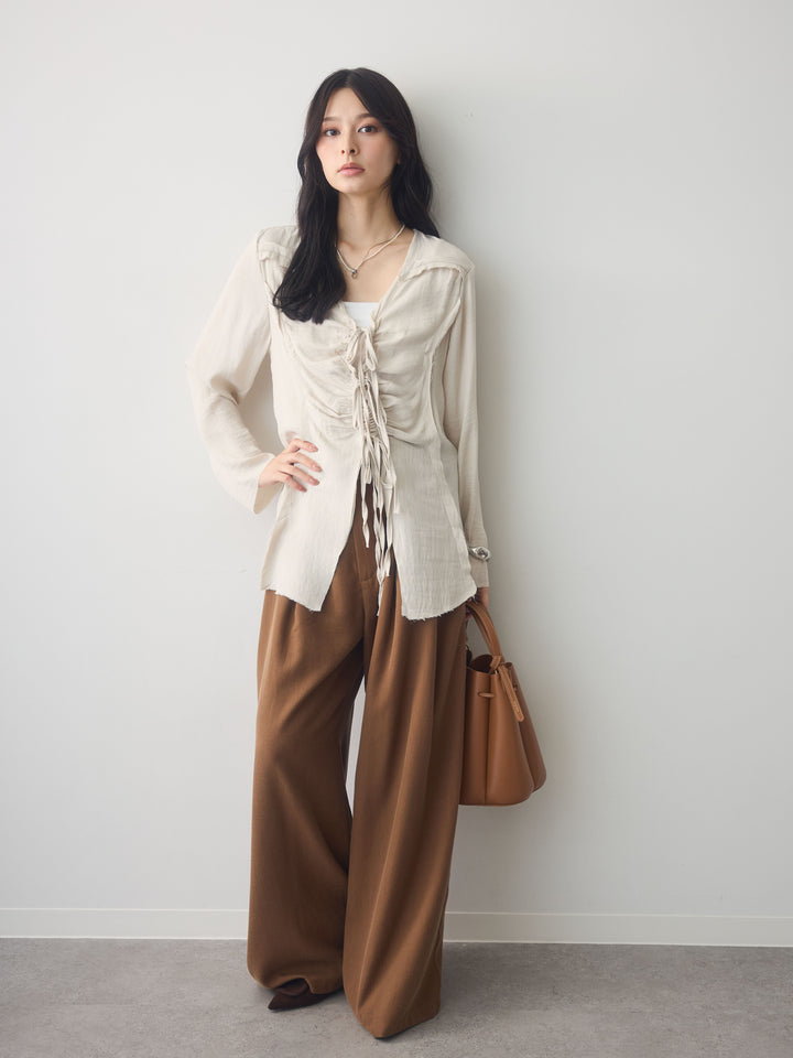 [SET]フロントギャザーリボンブラウス+ツータックドレープストレートパンツ(2set)