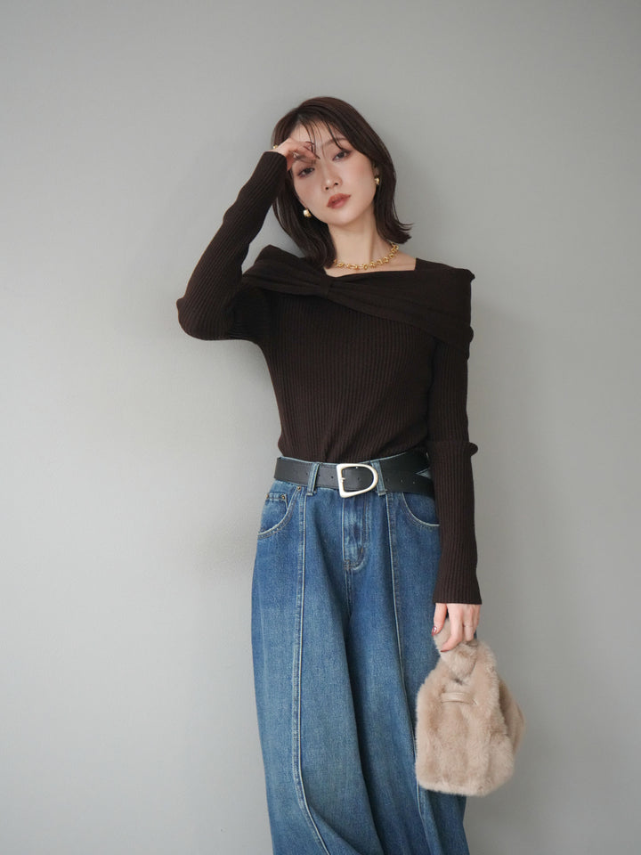 [予約]リボンモチーフオフショルリブニットトップス/brown