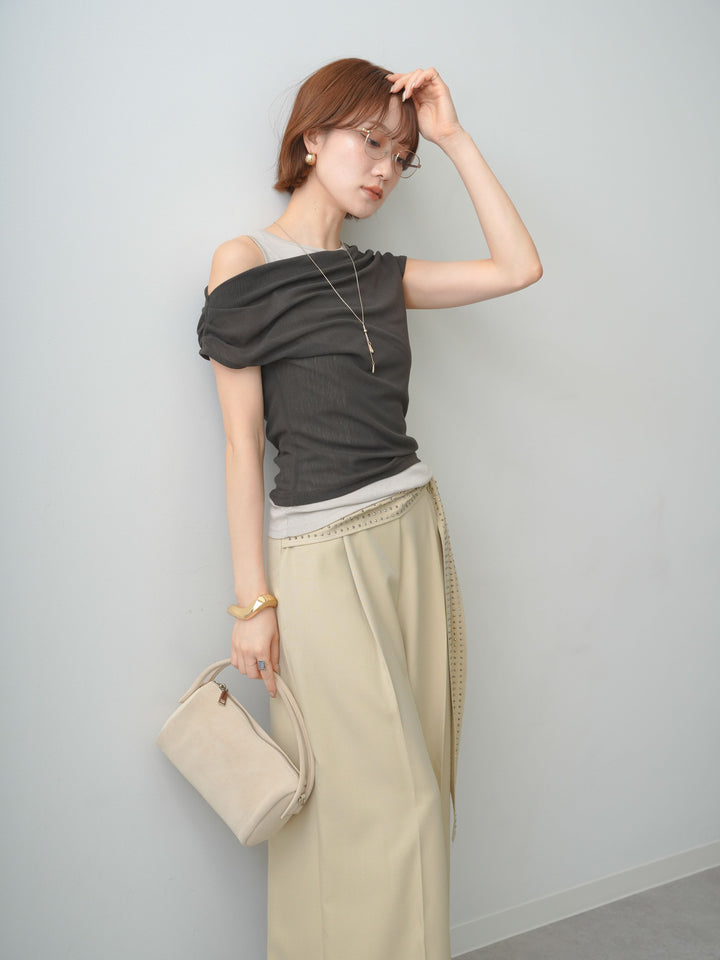 [予約]レイヤードドッキングシアーニットトップス/brown