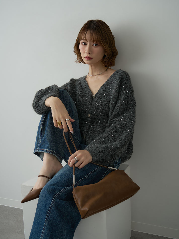 [SET]スパンコールデザインボタンカーディガン+ヒップフラップポケットストレートワイドデニム(2set)