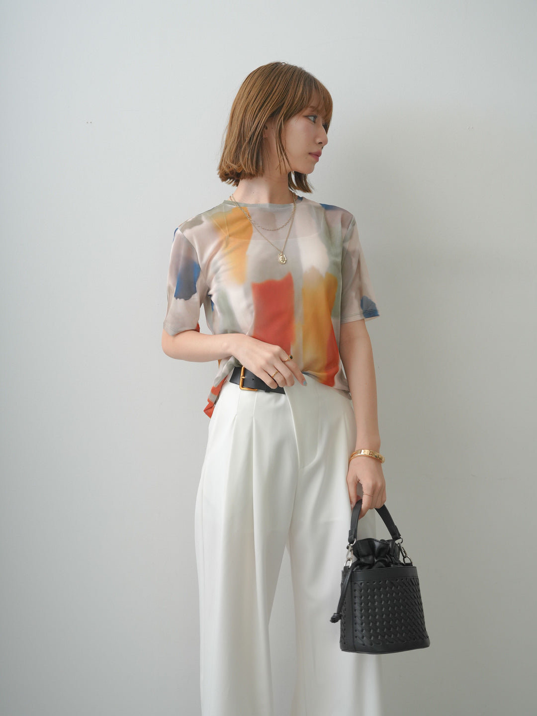 [SET]水彩アートシアーTシャツ+アシンメトリーベルトタックワイドパンツ(2set)