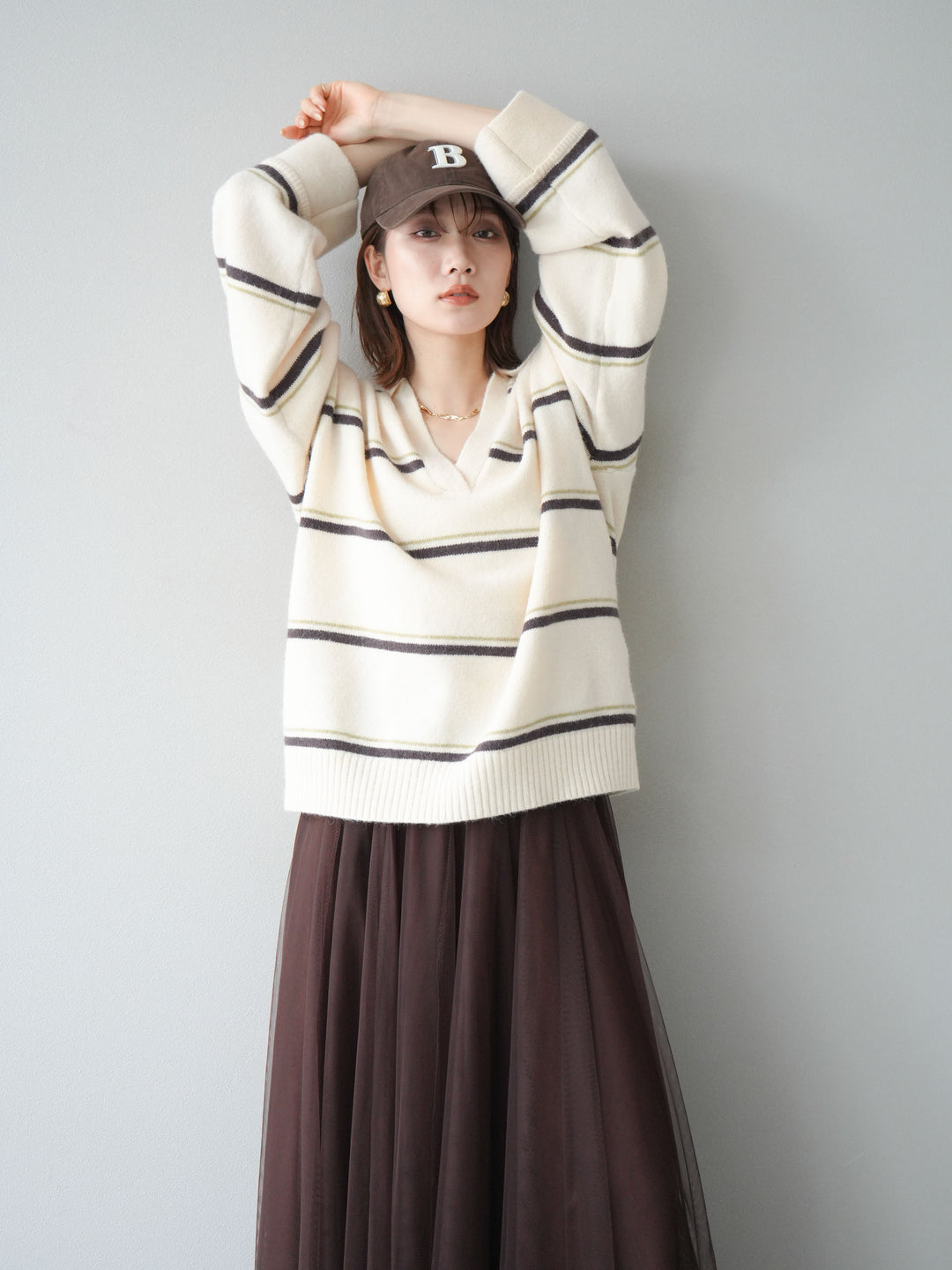 [SET]ポロ襟スキッパーボーダーニットプルオーバー+チュールボリュームスカート(2set)