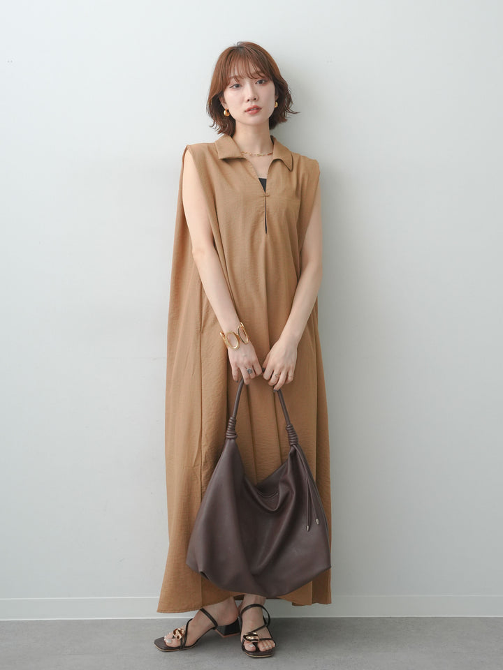 [予約]リネンライクスキッパーショルダータックワンピース/mocha