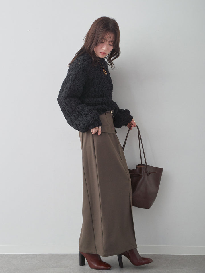 [SET]ループクロップニットトップス+クレープデシンフラップ付きストレートスカート(2set)