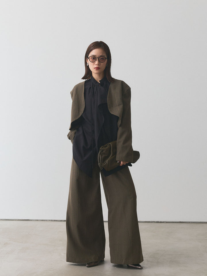 【Allure】[SET]ヘリンボーンショートジャケット＆ワイドパンツSET UP+ピーチスキンデザインネックオーバーシャツ(2set)