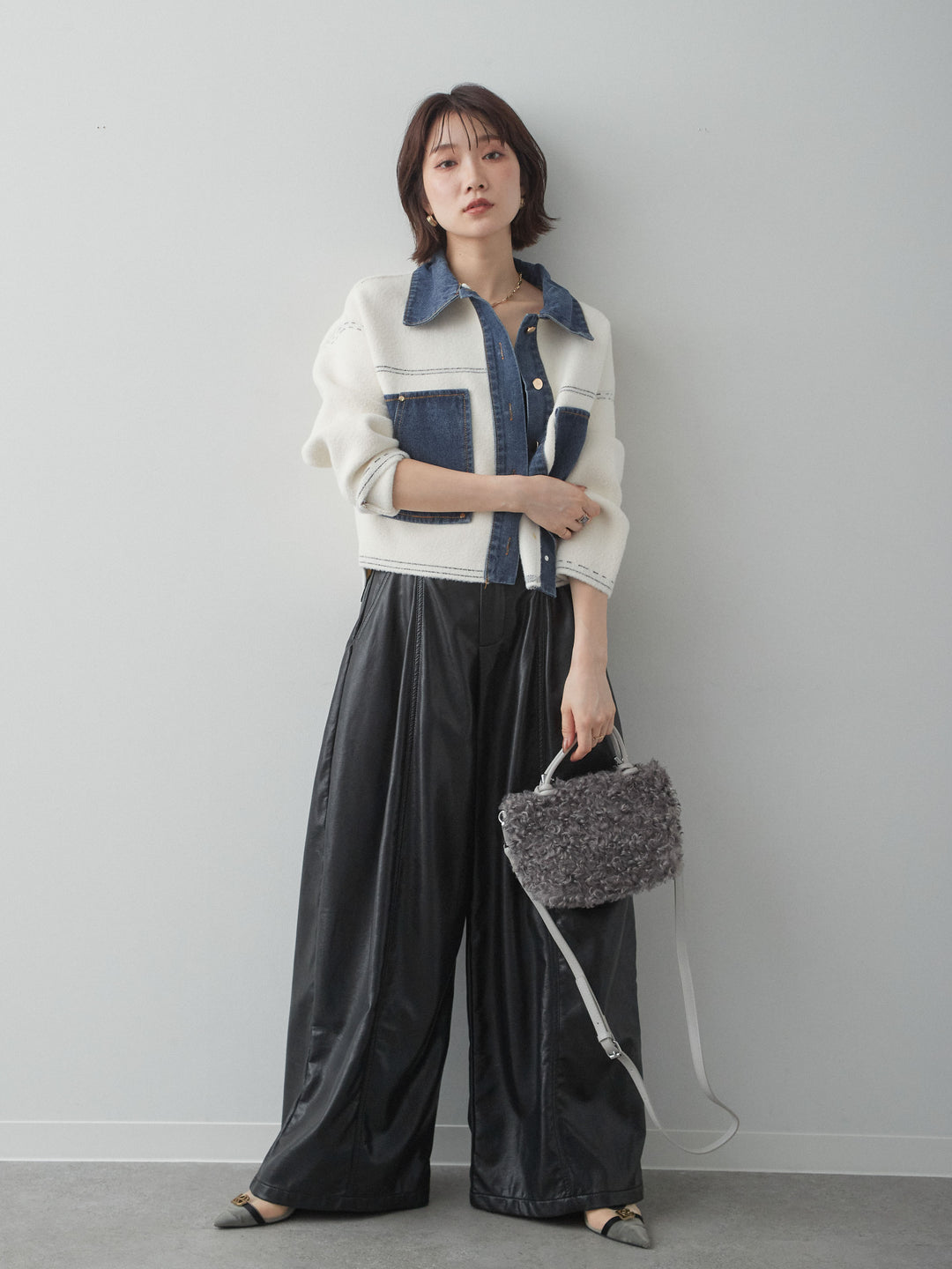 [SET]デニムコンビスムースニットジャケット+フェイクレザーワイドパンツ(2set)