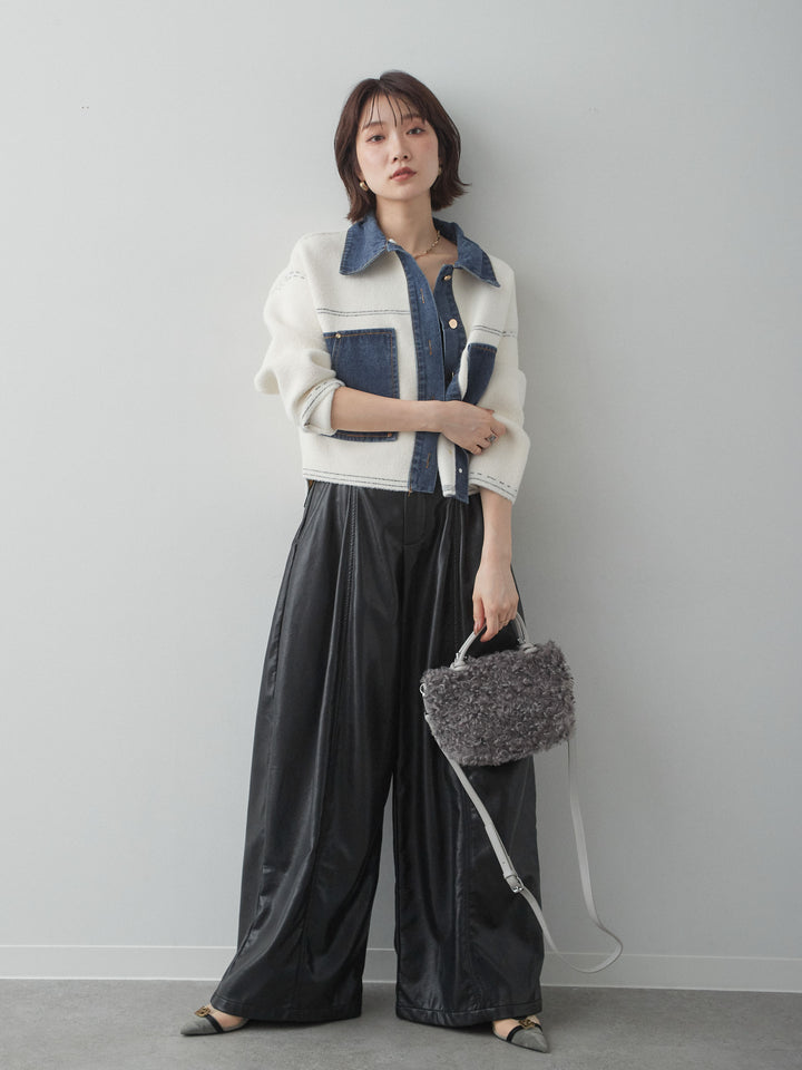 [SET]デニムコンビスムースニットジャケット+フェイクレザーワイドパンツ(2set)